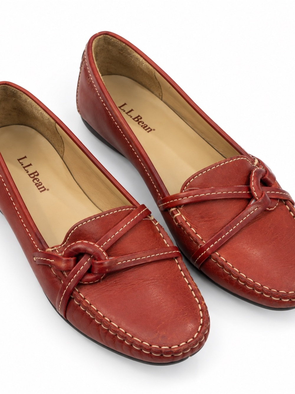 L.L. Bean Women's Stonington Rust Red Leather Knot-Detail Driving Loafers